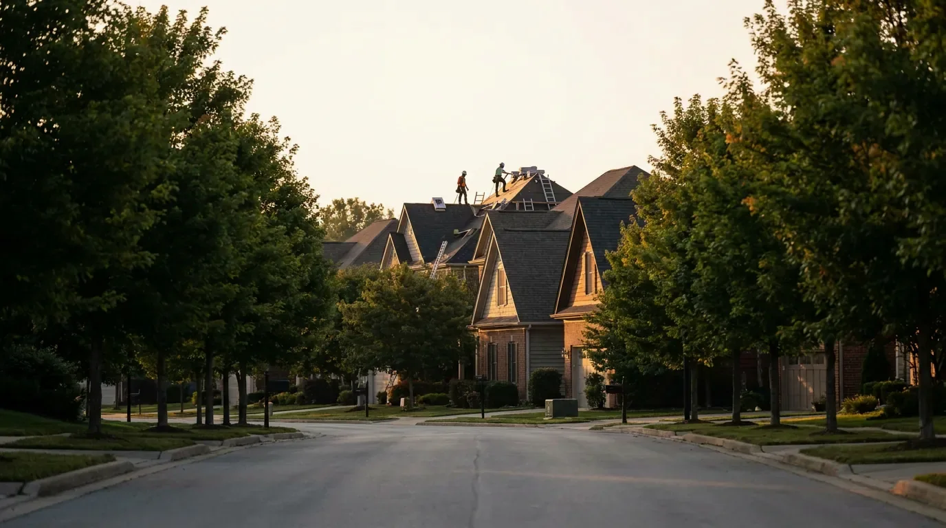 Two roofers working on a shingle roof on a quiet tree-lined street at sunrise